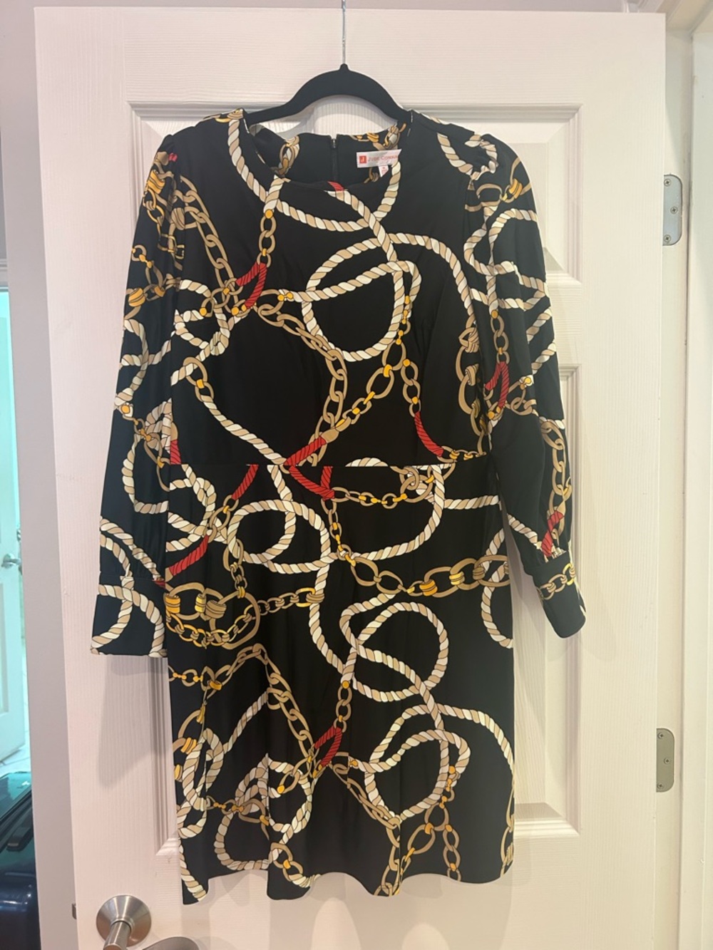 Jude Connally Black Long-Sleeve Rope & Chain Print Dress with Red Accents